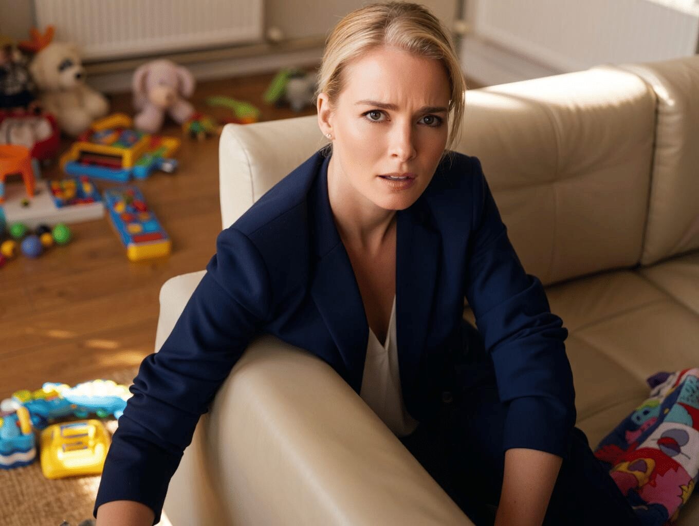 Woman in blazer looking overwhelmed in her living room